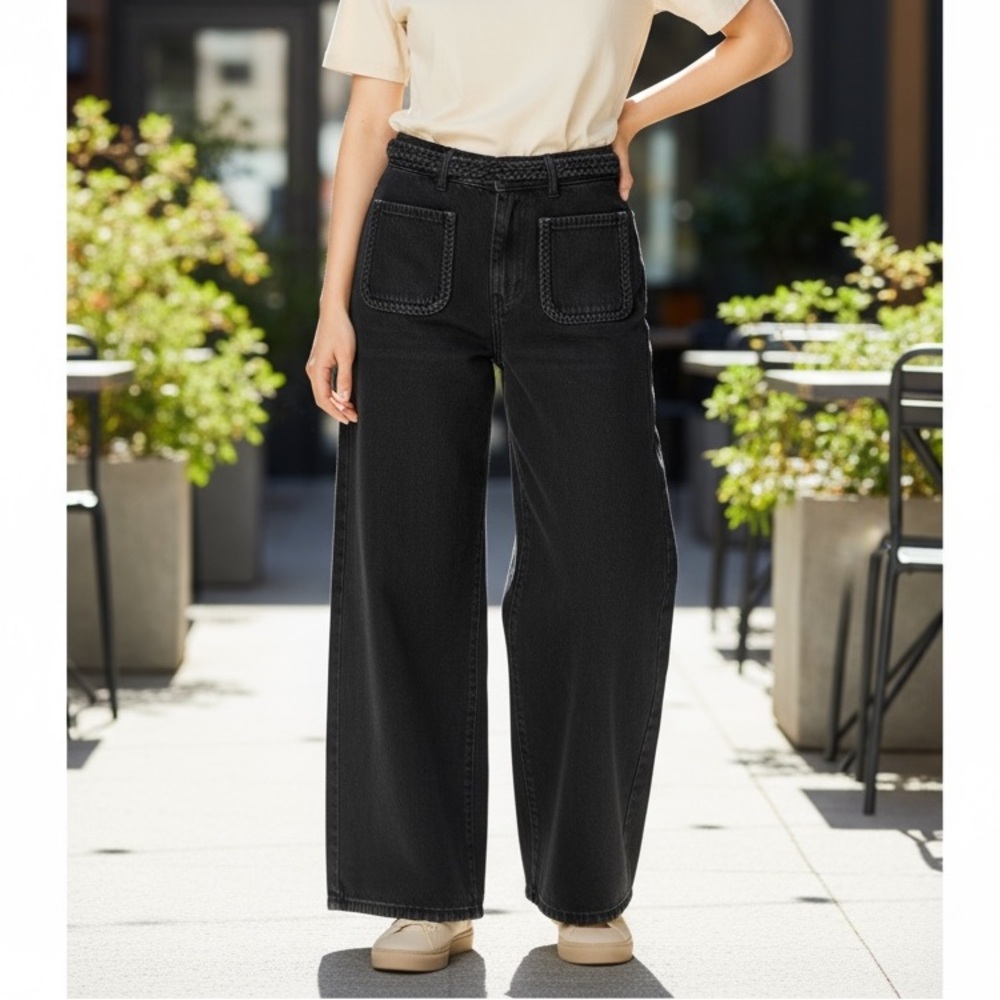 Bacio Women's Black Braided Wide Leg Jeans Western Grunge Unique Boho Size Large